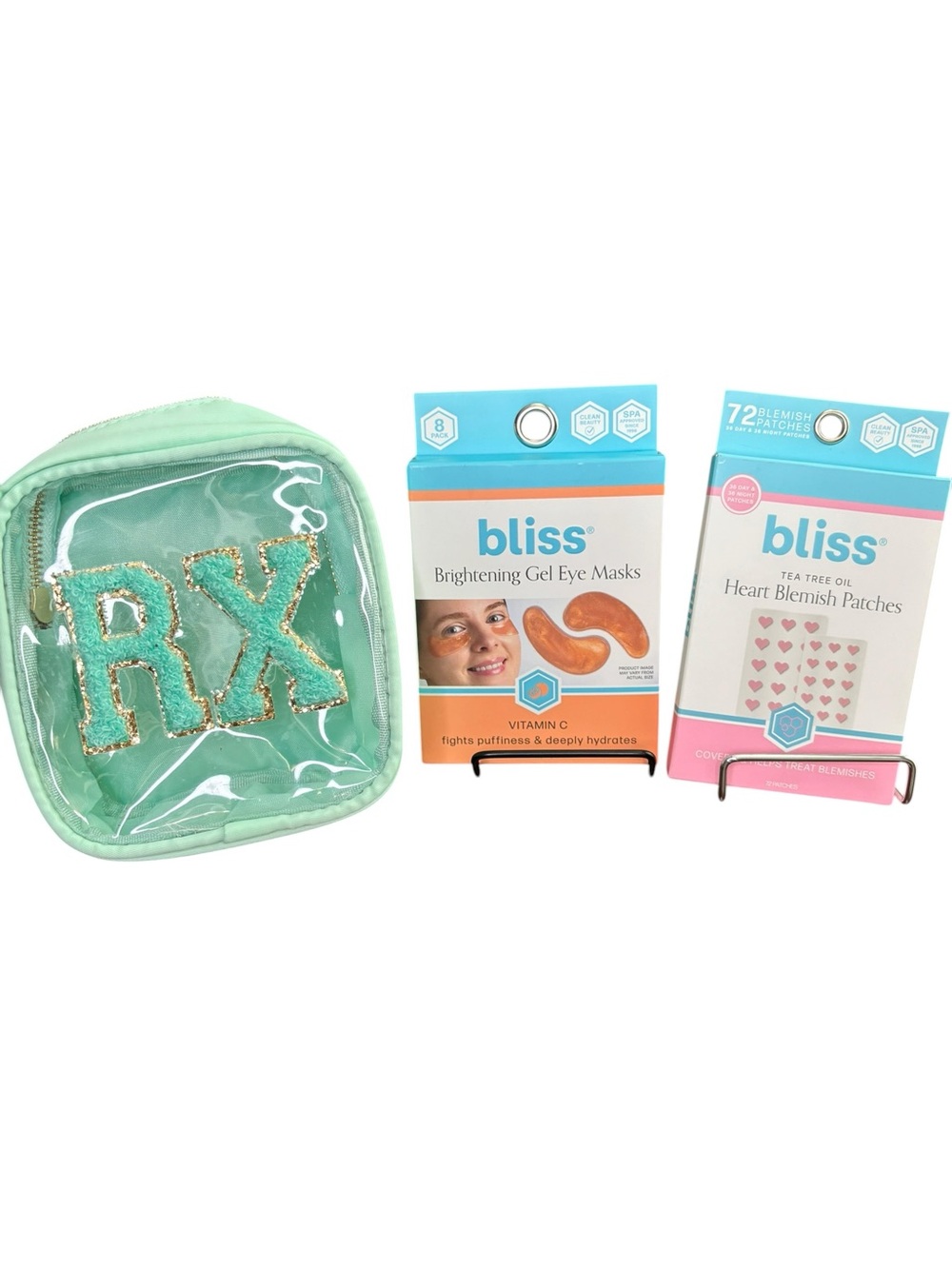 Bliss Brightening Gel Eye Masks & Heart Blemish Patches with cosmetic pouch